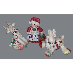 3 Enesco Mary Rhyner "Cute as a Button" Reindeer / Mrs. Claus Figurines Vtg 1993